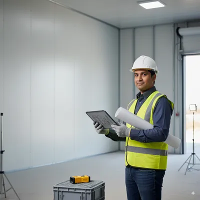 Engineer reviewing technical specifications on-site at a cold storage project